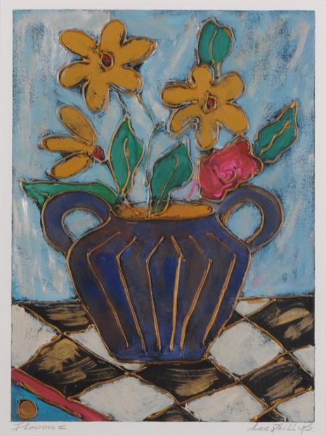 【作家名】リー・フィリップス 【作品名】フラワーズ・３　花　絵画　モノタイプ　版画　一点物　額付き　国内送料無料