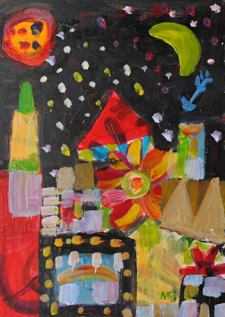 【作家名】秋永清二【作品名】三日月の夜 抽象画 絵画 アクリル画 額付き インテリア 国内送料無料|アートギャラリーモトカワ