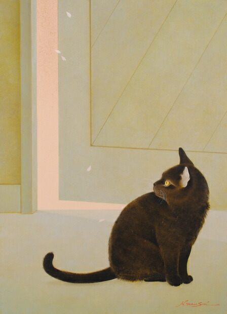 猫 絵画 黒猫 油絵 油彩画 高橋伸子 「予感・1」 額付き　国内送料無料｜アートギャラリーモトカワ