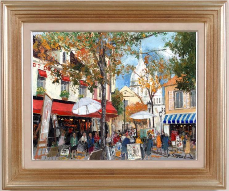 名品フランス画家ファルシーの冬のパリモンマルトル通り6号油彩画 - 美術品
