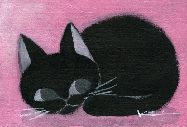【作家名】香月和夫　【作品名】丸黒猫　猫　絵画　黒猫　アクリル画　額付き　インテリア　国内送料無料
