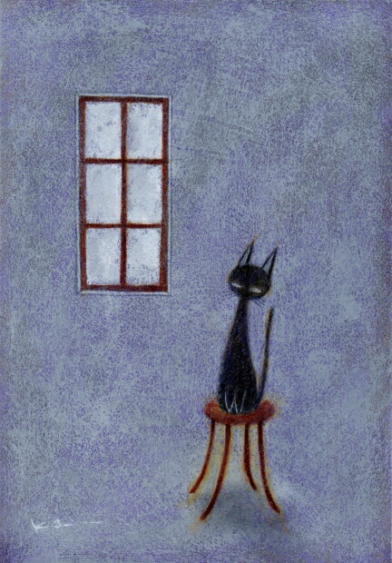 猫 絵画 黒猫 アクリル画 香月和夫 「窓辺の猫」 額付き　国内送料無料