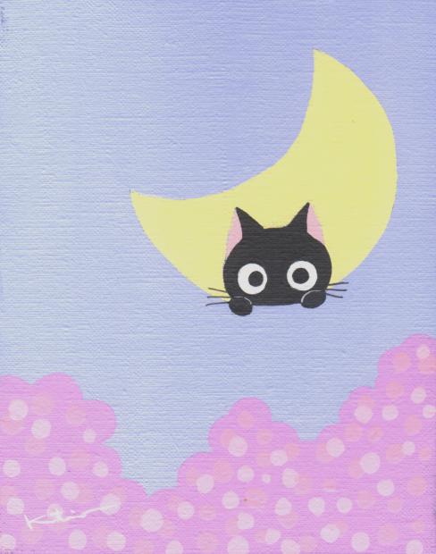 猫 絵画 黒猫 桜 アクリルガッシュ 香月和夫 「春月猫」 額付き　国内送料無料