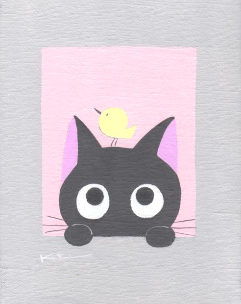 猫 絵画 黒猫 鳥 アクリルガッシュ 香月和夫 「アタマに小鳥・ピンク」 額付き　国内送料無料