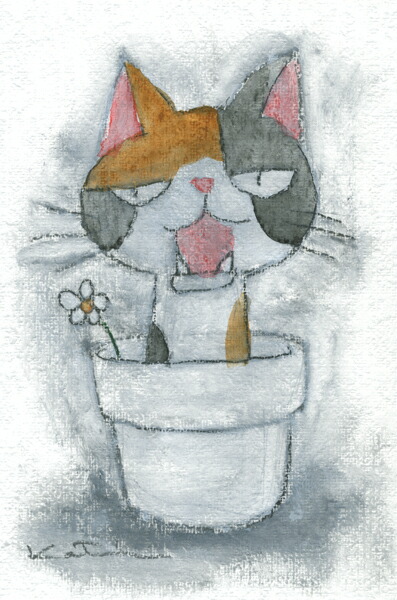 【作家名】香月和夫　【作品名】三毛鉢猫　ミクストメディア　絵画　絵　額付き　猫　インテリア　プレゼント　新築祝い　開店祝い　国内送料無料