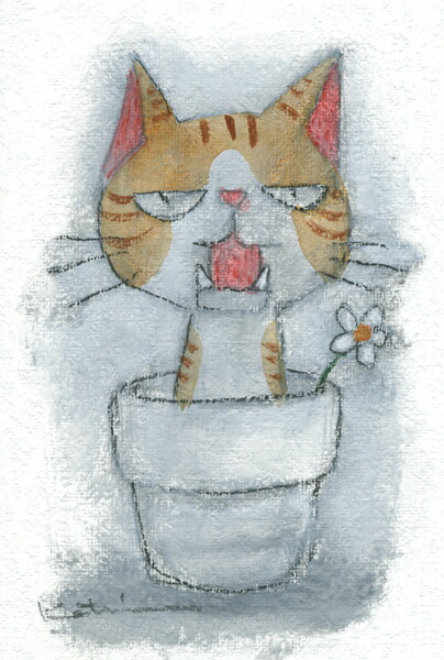 【作家名】香月和夫　【作品名】トラ鉢猫　猫　絵画　トラ猫　ミクストメディア　額付き　国内送料無料