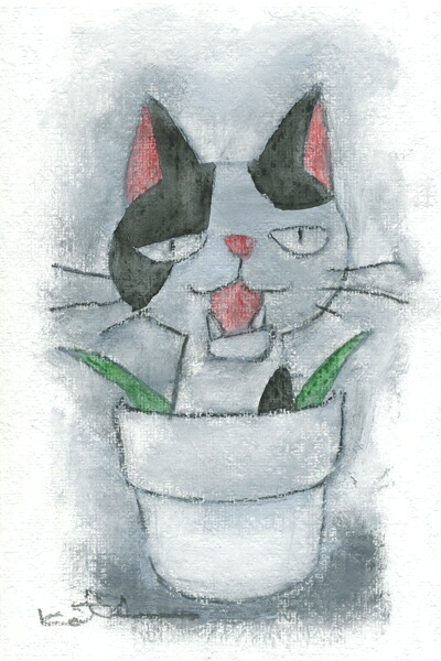 【作家名】香月和夫　【作品名】ブチ鉢猫　猫　絵画　ぶち猫　ミクストメディア　額付き　国内送料無料