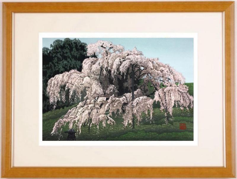 井堂雅夫　木版画　日本の四季　春　「春爛漫の滝桜」　直筆サイン入り 井堂雅夫 木版画 日本の四季 春 「春爛漫の滝桜」 直筆サイン