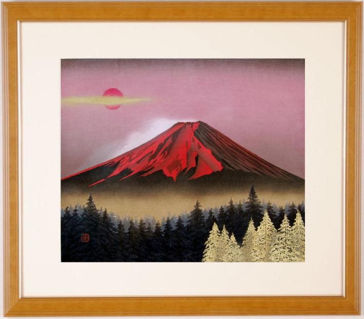 昭和レトロ 赤富士 富士山 夕焼け 景色 風景 古民家 古民具 日本画 絵画 赤富士の絵画を油絵で描いた竹内春光の赤富士の絵「彩雲紅富士