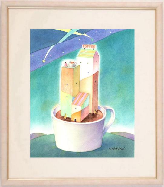 田原健二 ミッドナイトコーヒー 絵画 ミクストメディア ナイーフアート インテリア プレゼント コレクション 新築祝い 開店祝い 額付き 国内送料無料