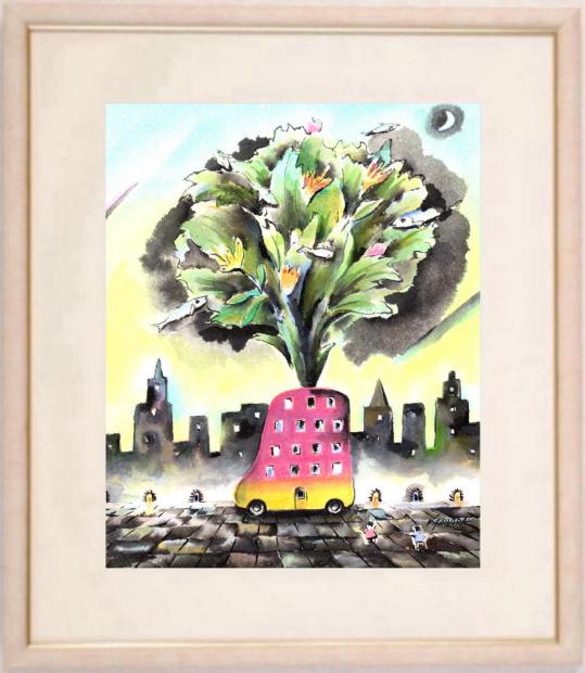 田原健二 赤いバスに咲いた花 インテリア 絵画 ミクストメディア 一点物 プレゼント コレクション 新築祝い 開店祝い 新品額付き 国内送料無料 ■|アートギャラリーモトカワ