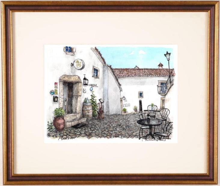 高橋文平 マルヴァオンのカフェ・4 水彩画 絵画 インテリア 風景画 ポルトガル 一点物 プレゼント コレクション 新築祝い 開店祝い 新品額付き 国内送料無料 ■|アートギャラリーモトカワ