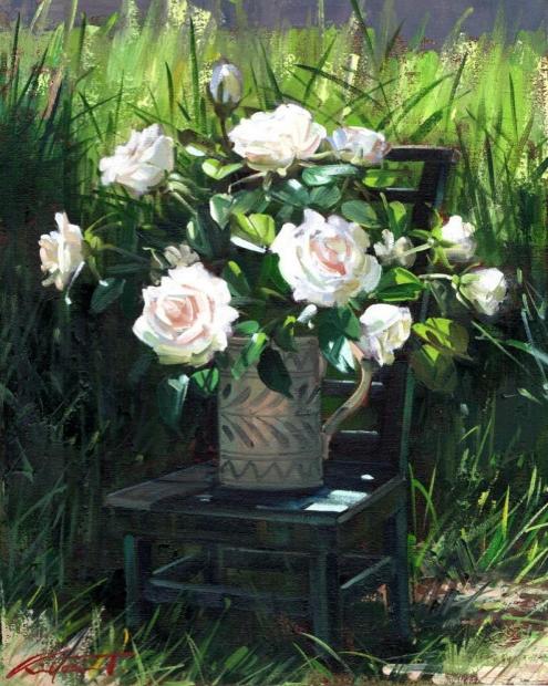 田中清　油彩画 かごのコスモス　花のバスケット 油絵の絵画で田中清が描いたコスモスの花の油絵「陽光の道」をご購入