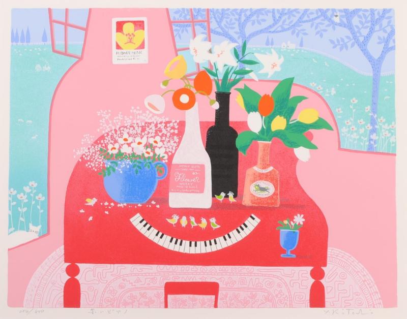 【作家名】吉岡浩太郎【作品名】赤いピアノ ピアノ 絵画 ナイーフアート 版画 シルクスクリーン 額付き 国内送料無料