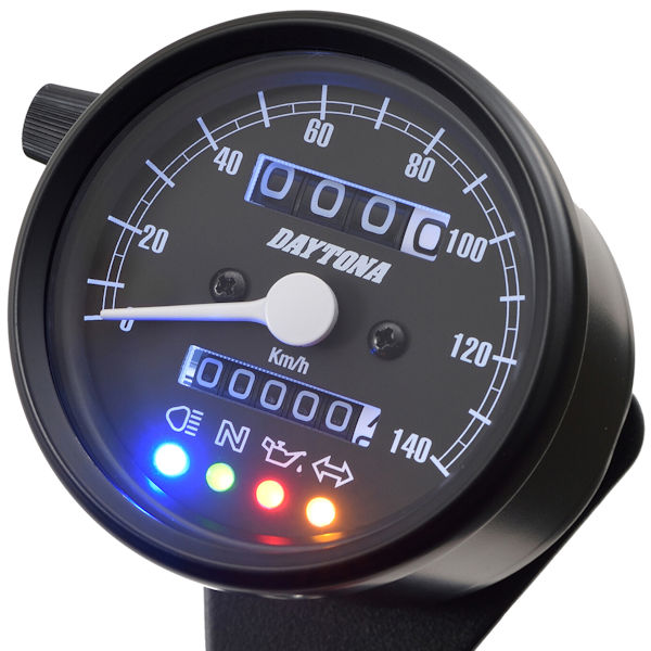 デイトナ DAYTONA 15626 機械式スピードメーター（インジケーター付き）φ60 ホワイトLED照明 140km/h ブラックボディ/ブラックパネル