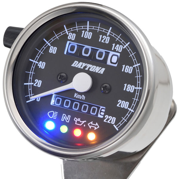 デイトナ DAYTONA 15638 機械式スピードメーター（インジケーター付き）φ60 ホワイトLED照明 220km/h ステンレスボディ/ブラックパネル