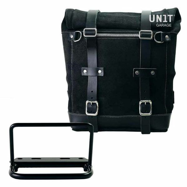 ロイヤルエンフィールド Continental650/INT650/Bear650 ワックス防水 スプリットレザーサイドバッグ スクラム 22-30L ジェットブラック ＆サポート フレームKIT｜モトパーツ　店