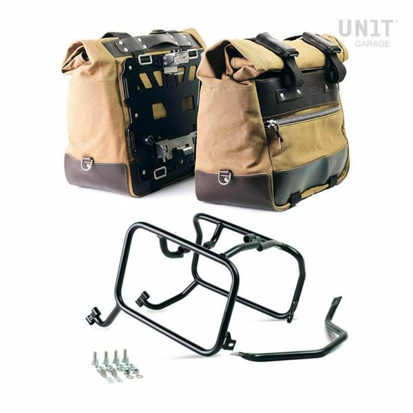 ハスクバーナ/KTM カルトサイドバッグ（キャンバス地） 40L - 50L ペア ベージュ/ブラウン ＆ ATLAS アルミサイドパニア フレームキット ユニットガレージ