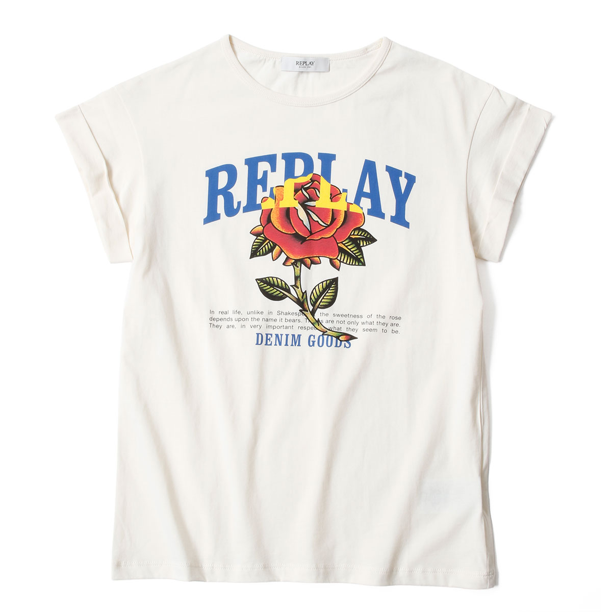 リプレイ Tシャツ ローズ アンド ロゴ プリント ジャージー Tシャツ バイク ウェア トップス REPLAY JERSEY T-SHIRT WITH ROSE AND LOGO PRINT