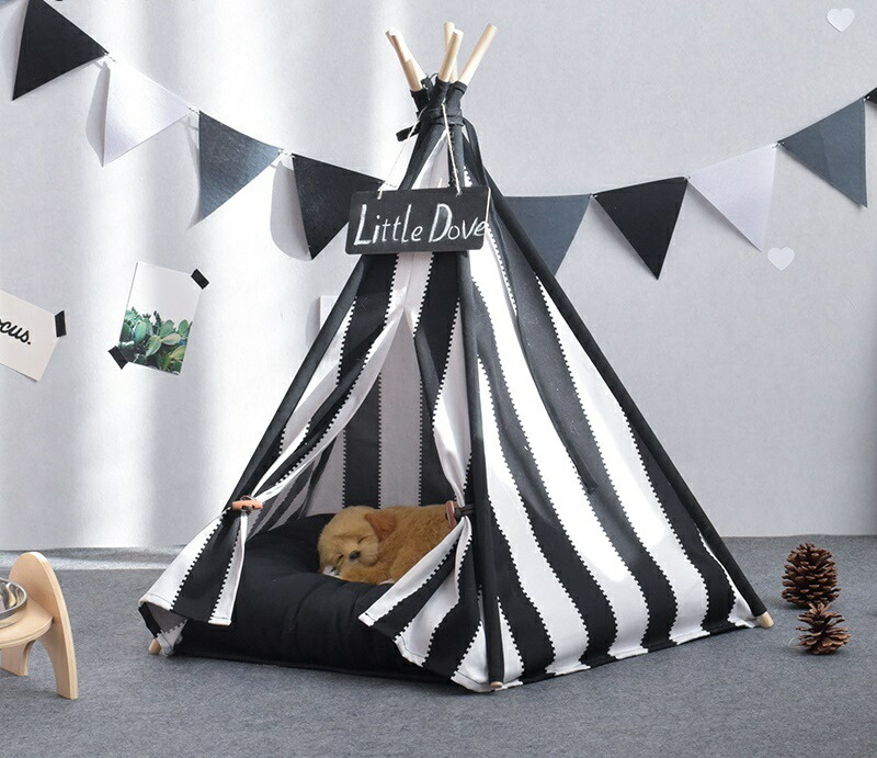 送料無料 ペット用テント ペット用ティピー ティピーテント ペットベッド ペットマット 犬用テント 犬小屋 大型商品 犬用 猫用 室内用 ストライプ モノトーン 寝床 ハウス 小型犬用 中型犬用 犬用品 猫用品 ペット用品 三角 可愛い おしゃれ インテ Liceochiloe Cl