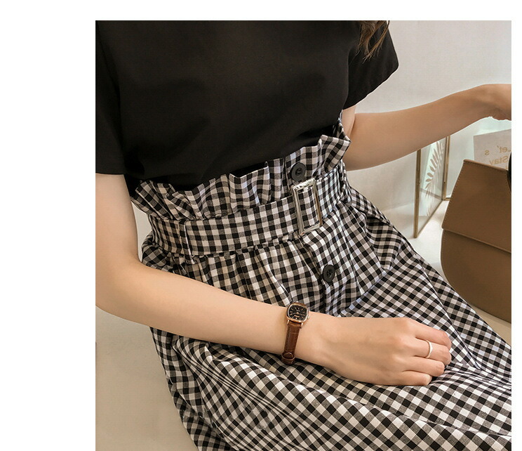 送料無料セットアップツーピースレディースボタン半袖ロングスカートチェックギンガムチェックハイウエストベルトつきMLXL2XL3XL4XL