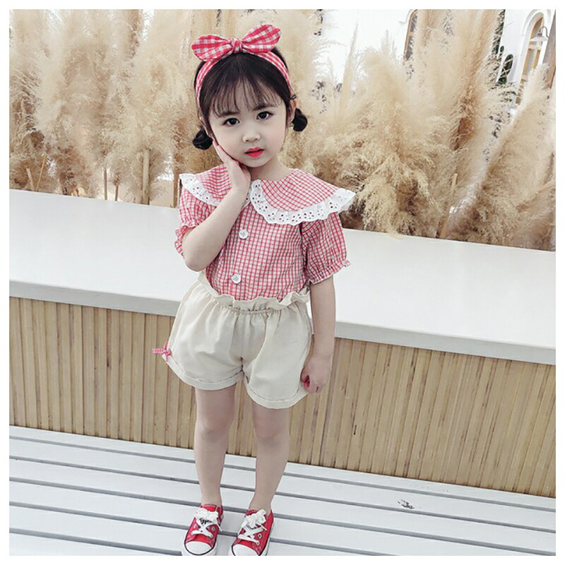 送料無料キャンペーン 送料無料 キッズ服 キッズウェア セットアップ ツーピース シャツ 半袖 襟付き 大きめ襟 レース チェック柄 前ボタン半ズボン ショートパンツ リボン 無地 ウエストレース 夏 男の子 女の子 赤 緑 オレンジ 80cm 90cm 100cm 110c Sferavisia Hr