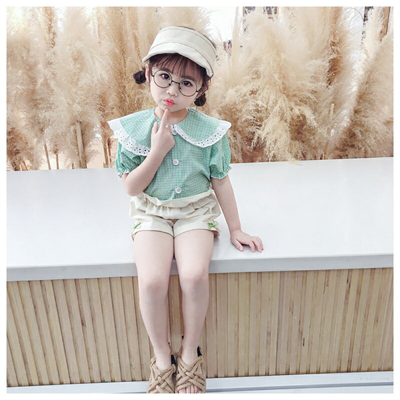 送料無料キャンペーン 送料無料 キッズ服 キッズウェア セットアップ ツーピース シャツ 半袖 襟付き 大きめ襟 レース チェック柄 前ボタン半ズボン ショートパンツ リボン 無地 ウエストレース 夏 男の子 女の子 赤 緑 オレンジ 80cm 90cm 100cm 110c Sferavisia Hr