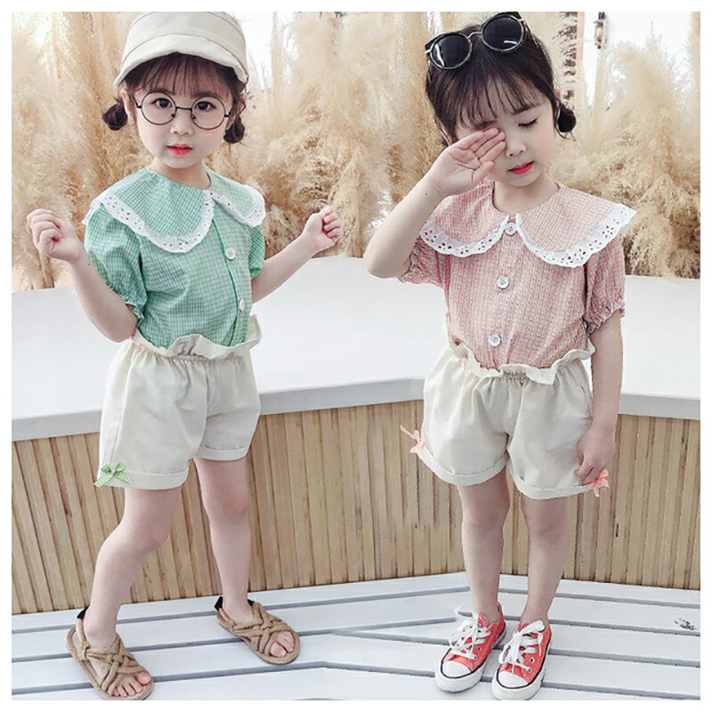 送料無料キャンペーン 送料無料 キッズ服 キッズウェア セットアップ ツーピース シャツ 半袖 襟付き 大きめ襟 レース チェック柄 前ボタン半ズボン ショートパンツ リボン 無地 ウエストレース 夏 男の子 女の子 赤 緑 オレンジ 80cm 90cm 100cm 110c Sferavisia Hr