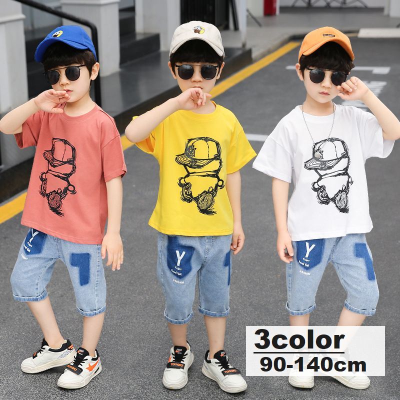送料無料 セットアップ 子供服 キッズ ベビー ジュニア 男の子 女の子 上下 2点セット 半袖 Tシャツ デニム ハーフパンツ ロゴ イラスト カジュアル おしゃれ 流行に