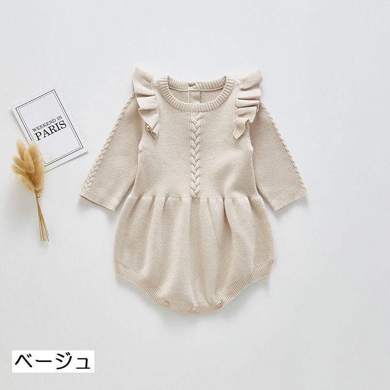 楽天市場 送料無料 ロンパース カバーオール ニット 子供服 ベビー 新生児 赤ちゃん キッズ 女の子 男の子 長袖 ラウンドネック 肩フリル 後ろボタン 股ボタン 縄編み おしゃれ かわいい 出産祝い ギフト プレゼント Motto Motto