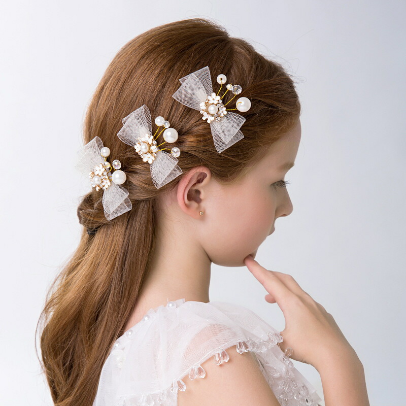 ヘアクリップ 3個セット 華やか 子供用 キッズ ヘアアクセサリー 髪留め 髪飾り 女の子 結婚式 フェイクパール リボン