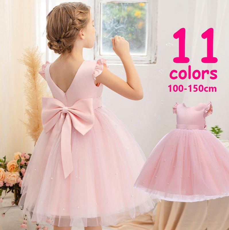 ピンクのフリル袖チュールワンピース ワンピース キッズ 女の子 リボン フリル袖 チュールスカート ふんわり