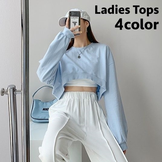 楽天市場】送料無料 トレーナー 長袖 クロップド丈 ショート丈