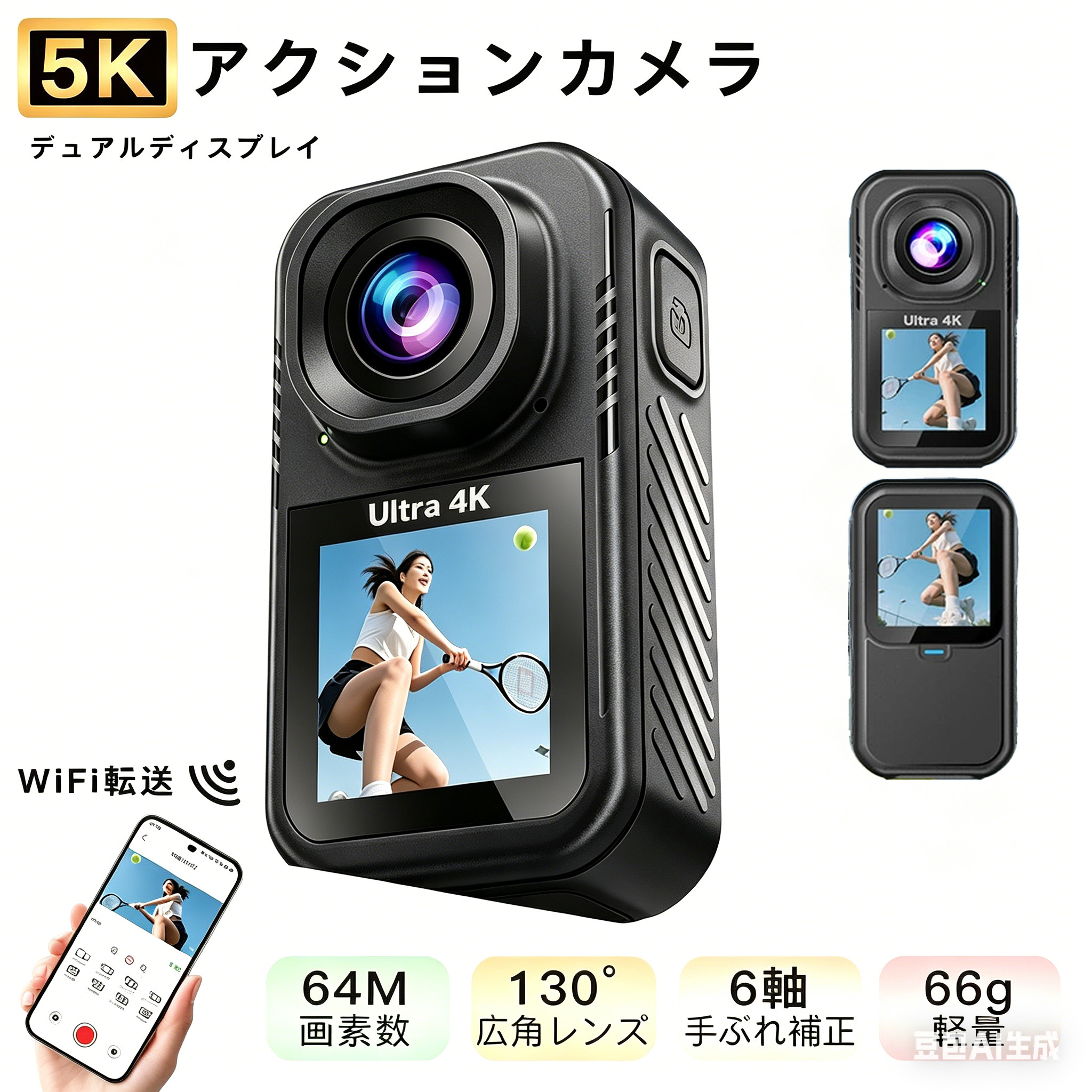 アクションカメラ ウェアラブルカメラ 6軸手ブレ補正 5K 高画質 30M防水 130° 超広角レンズ デュアルスクリーン リモートコントロール 大容量バッテリー 水中カメラ 動画撮影 Vlog WiFi転送 小型 コンパクト ビデオカメラ ポケットカメラ 簡単操作 軽量