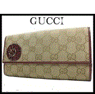 【送料無料】GUCCI■グッチ■フラワーニューブリッドモチーフ■二つ折りＷホック長財布 キャンバス×レザー■ベージュ×レッド■90881・2778■レディース♪ サイフ ウォレット【A-B】