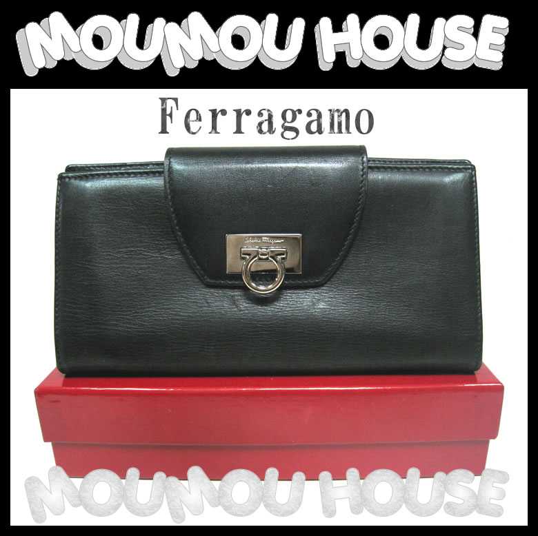 Salvatore Ferragamo■フェラガモ■ガンチーニロゴ金具付■二つ折りファスナー付長財布 レザー■ブラック■IR-224209■レディース♪ サイフ【2715-8】