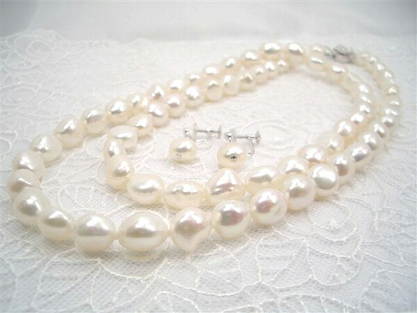 【全品ギフト包装】≪ 80cm ≫ 淡水バロックパールセミロングネックレスセット （イヤリング/ピアス） 約9.0-10.5mm SV y-n-178 三重県真珠加工販売協同組合