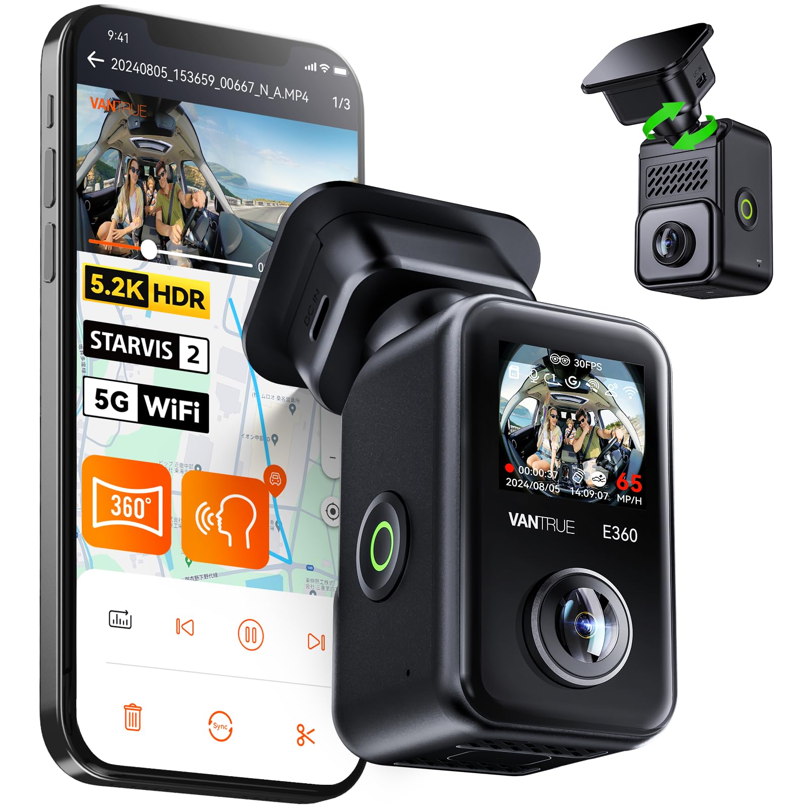 360度パノラマ ドライブレコーダー VANTRUE E360 5.2K ドラレコ STARVIS 2超強暗視機能 前後HDR 全方向撮影 前後カメラ 一体型 210°+210°全周囲録画 車載カメラ スマホ連携 赤外線機能 前後 タッチパネル式 WiFi