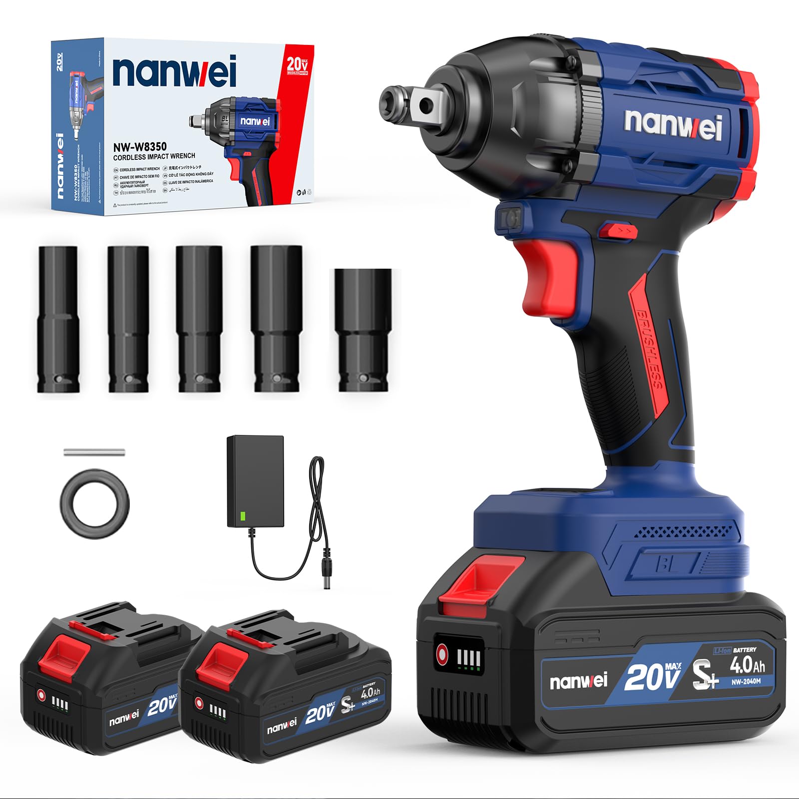 NANWEI 充電式インパクトレンチ 最大トルク350N・m マキタ18Vバッテリー対応 1/2インチ電動インパクトレンチ ブラシレスモーター 2段階出力 無段変速 ボルトの締付・緩め ホイール交換 (350Nm・電池セット)