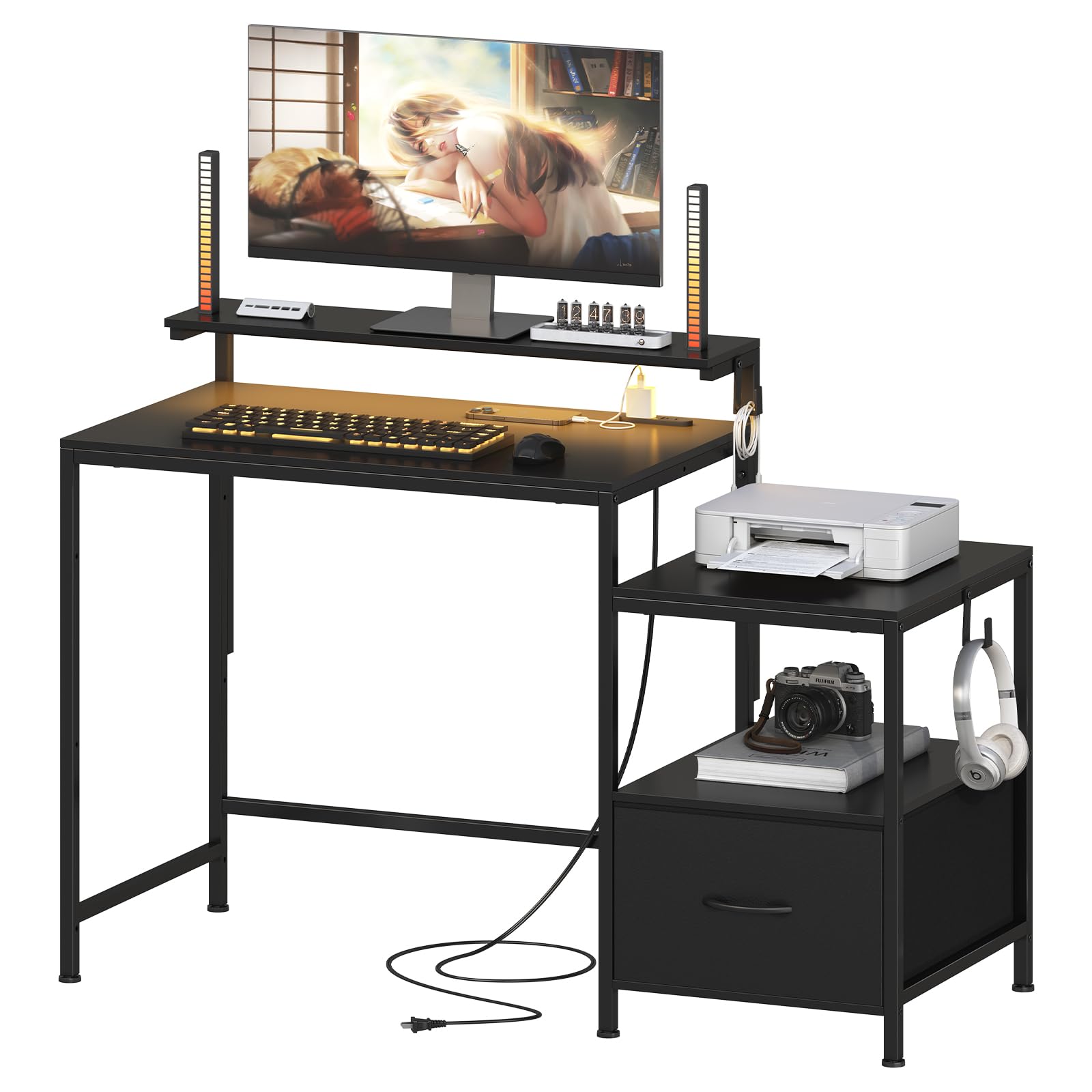 楽天市場】字デスク パソコンデスク 黒 幅169cm 引き出し付き 有孔