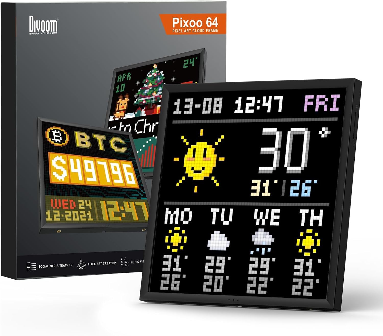 【多機能ピクセル時計】Divoom Pixoo 64 置き時計 壁掛け時計 デジタル時計 目覚まし時計 LED時計 ゲーミング時計 卓上時計 世界時計 ピクセルフレーム【アプリ対応/64*64LEDディスプレイ/WiFi接続/自由カスタマイズ可】ピクセルア