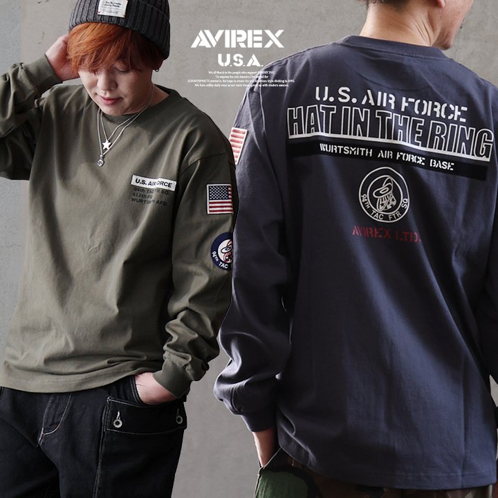 AVIREX アビレックス カットソー 長袖 メンズ レディース クルーネック ワッペン バックプリント ロゴ 綿100 コットン しっかり生地 袖リブ カジュアル ミリタリー アメカジ パティ