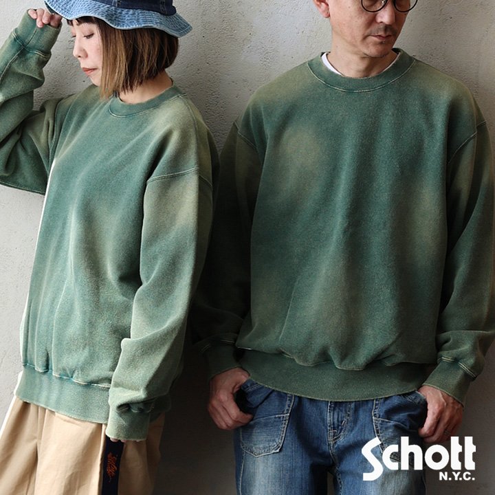 SCHOTT 打つこと 汗水 調教師 長袖 メンズ レディース 労働者の一団のど首 綿100 綿織物 裏毛 褪せ色 絵の具 不都合産業 古着風 袖肋材 ワンポイント 気が大きい大きさ 心地よい アメカジ パティー
