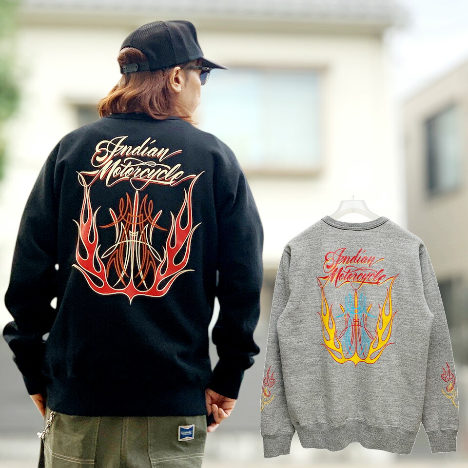 全2色 北米インディアン自動二輪車 INDIAN MOTORCYCLE クルースウェット PINSTRIPE PATTERN CREWSWEAT 調教師 黒いこと 黒 BLACK ヘザーグレー HEATHER GREY IM69608