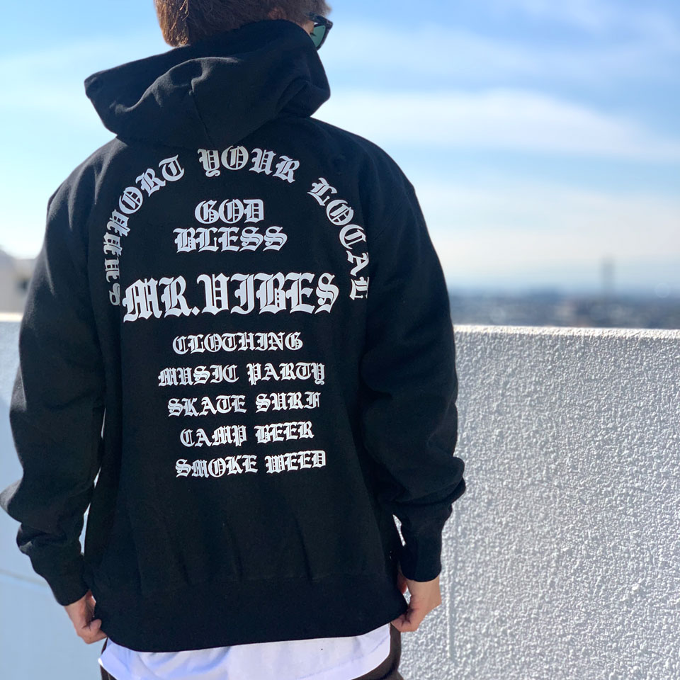 MRV by Mr.vibes パーカー フーディー GOD BLESS P/O HOODIE ヘビーウェイト バックプリント スウェット オリジナル ブラック 黒 BLACK|Mr.vibes web store