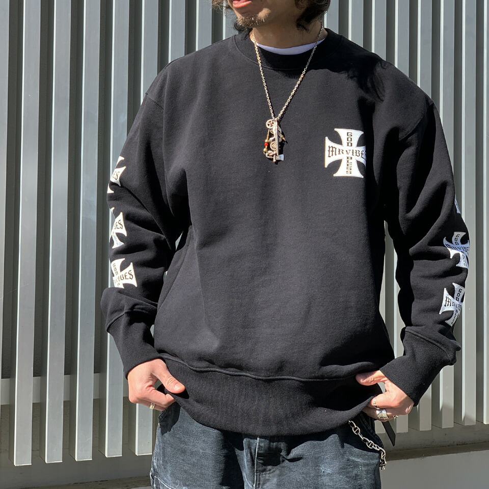 MRV by Mr.vibes 13.5薬局衡オンス クルースウェット IRON CROSS CREWNECK SWEAT 調教師 裏パイル 目あたらしい ミスターバイブス 黒いこと 黒 BLACK