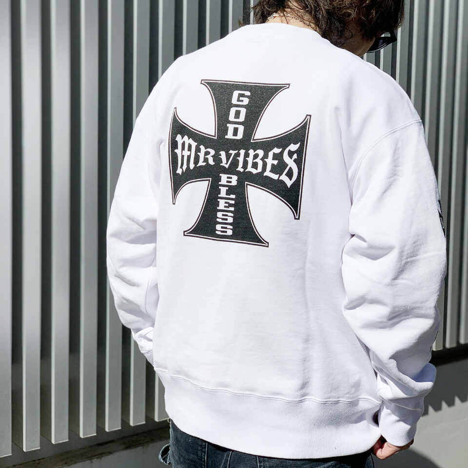 MRV by Mr.vibes 13.5薬局衡オンス クルースウェット IRON CROSS CREWNECK SWEAT 調教師 裏パイル 目あたらしい ミスターバイブス 白いこと 白 WHITE