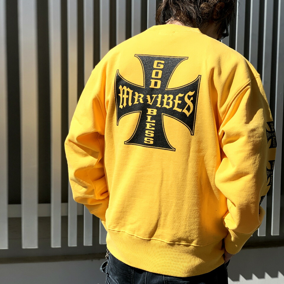 MRV by Mr.vibes 13.5薬局衡オンス クルースウェット IRON CROSS CREWNECK SWEAT 調教師 裏パイル 目あたらしい ミスターバイブス 黄色 黄味がかった YELLOW