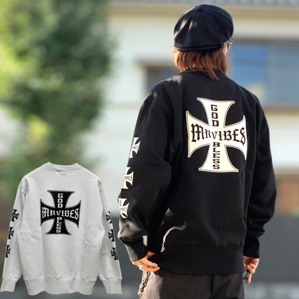 MRV by Mr.vibes 15.5薬局衡オンス クルースウェット IRON CROSS CREWNECK SWEAT 調教師 裏起毛 目あたらしい ミスターバイブス 黒いこと 死灰 黒 薄墨色 BLACK ASH