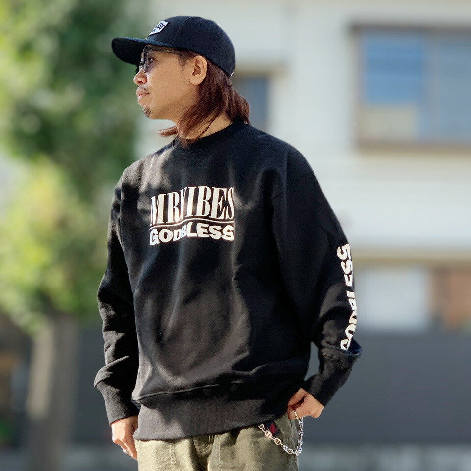 MRV by Mr.vibes 15.5薬局衡オンス クルースウェット NM GOD BLESS CREWNECK SWEAT 調教師 裏起毛 目あたらしい ミスターバイブス 黒いこと 黒 BLACK